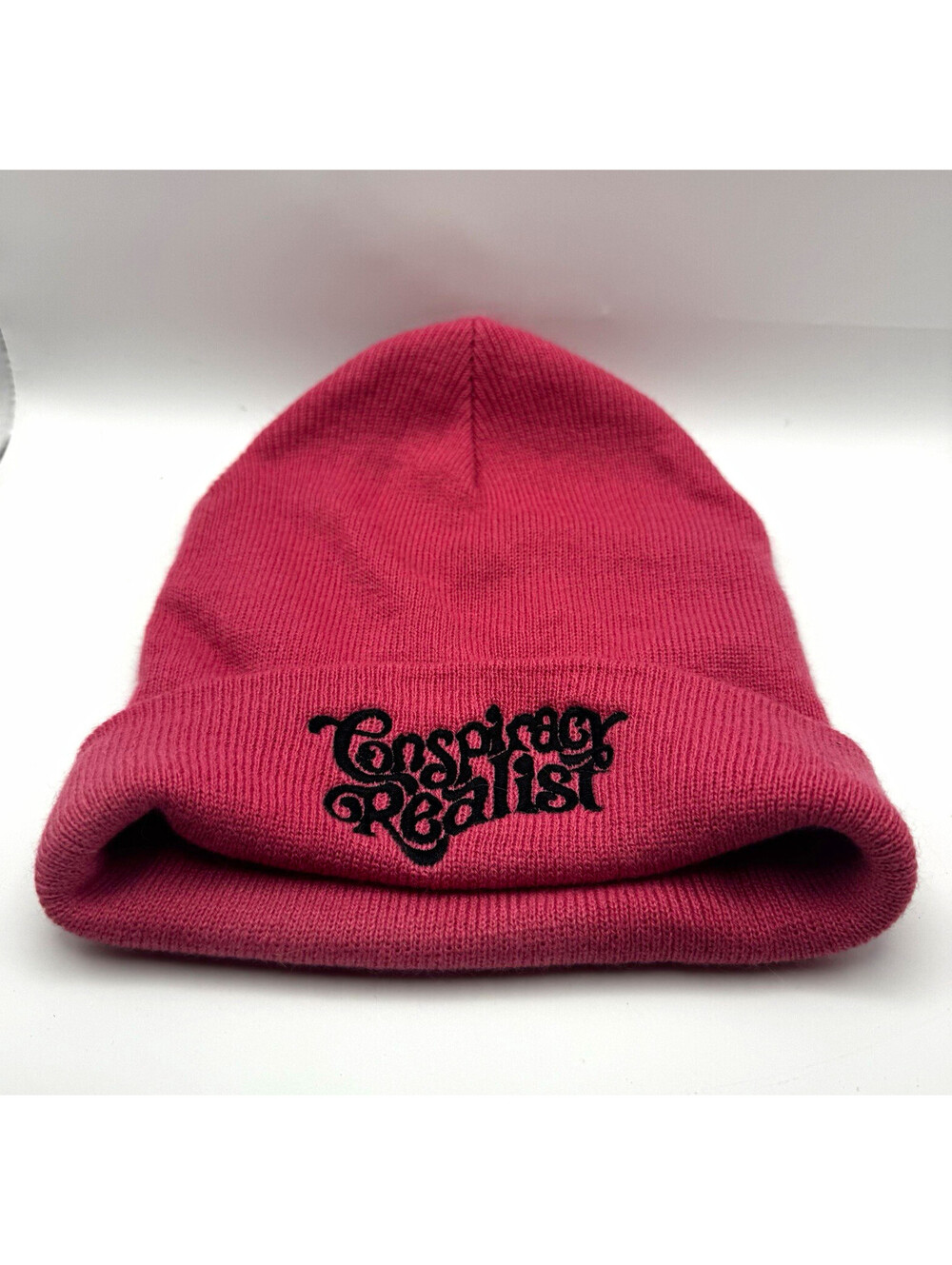 David & Young Pink Acrylic Knit Beanie Hat Embroidered conspiracy Realist OS
